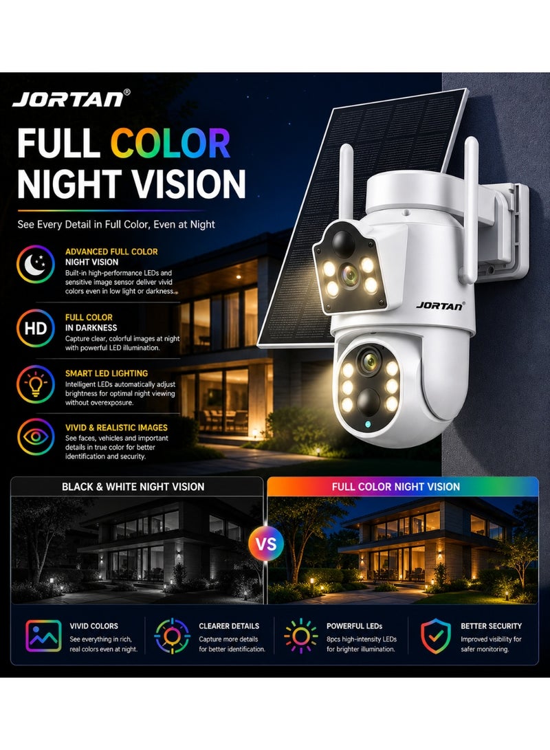 JORTAN 4MP Dual Lens Solar Wi-Fi Security Camera, HD Color Night Vision, IP66 Waterproof, Motion Detection, Motion Tracking, 7800 mAh High Capacity Battery, PTZ Control, Dual Monitoring Solar Outdoor Camera - Image 2