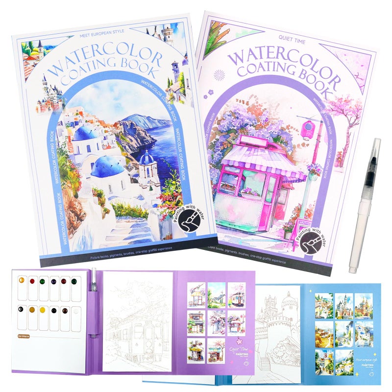 Mulyric 2-Pack Watercolor Painting Books for Adults & Beginners - All-in-One Creative Stress Relief Art Kit with 3-Fold Pad, 32 Pre-Printed Pages, 24 Colors & 2 Brushes (European + Serene Scenery) - Image 1