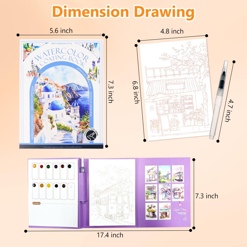 Mulyric 2-Pack Watercolor Painting Books for Adults & Beginners - All-in-One Creative Stress Relief Art Kit with 3-Fold Pad, 32 Pre-Printed Pages, 24 Colors & 2 Brushes (European + Serene Scenery) - Image 3