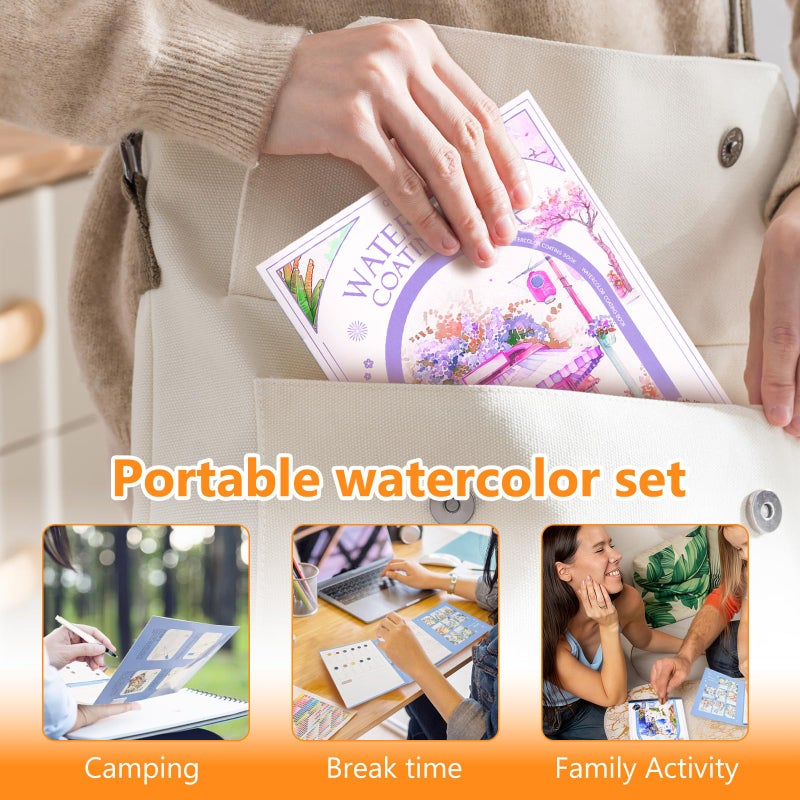 Mulyric 2-Pack Watercolor Painting Books for Adults & Beginners - All-in-One Creative Stress Relief Art Kit with 3-Fold Pad, 32 Pre-Printed Pages, 24 Colors & 2 Brushes (European + Serene Scenery) - Image 4