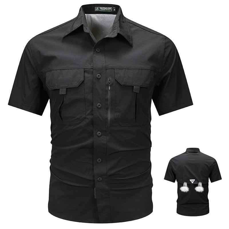 Summer Outdoor Casual Multi-Pocket Workwear Short-Sleeved Shirt Outdoor Breathable Thin Shirt Ice Silk Elastic Quick-Drying Mens Army green - Image 2