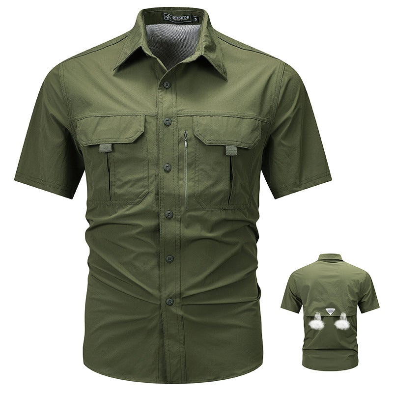 Summer Outdoor Casual Multi-Pocket Workwear Short-Sleeved Shirt Outdoor Breathable Thin Shirt Ice Silk Elastic Quick-Drying Mens Army green - Image 1