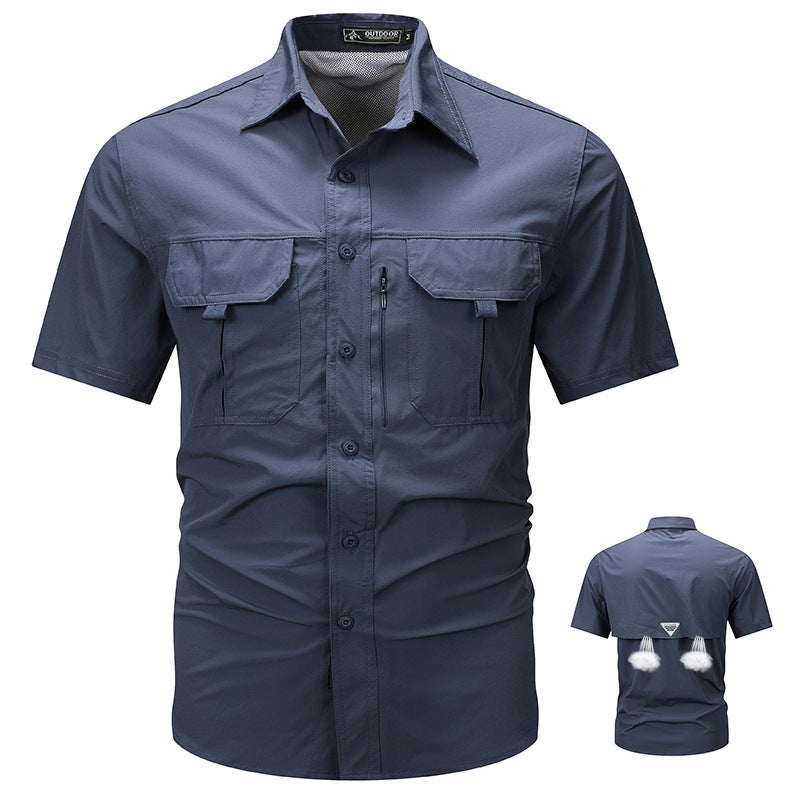 Summer Outdoor Casual Multi-Pocket Workwear Short-Sleeved Shirt Outdoor Breathable Thin Shirt Ice Silk Elastic Quick-Drying Mens Army green - Image 3