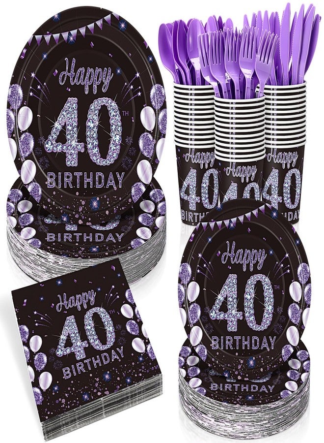 Pickmesh 400 Pcs 40th Birthday Party Supplies Purple Black Happy 40th Birthday Decorations Include Disposable Paper Plates Napkins Cups Cutlery for Men Women Party Serve 50 - Image 1