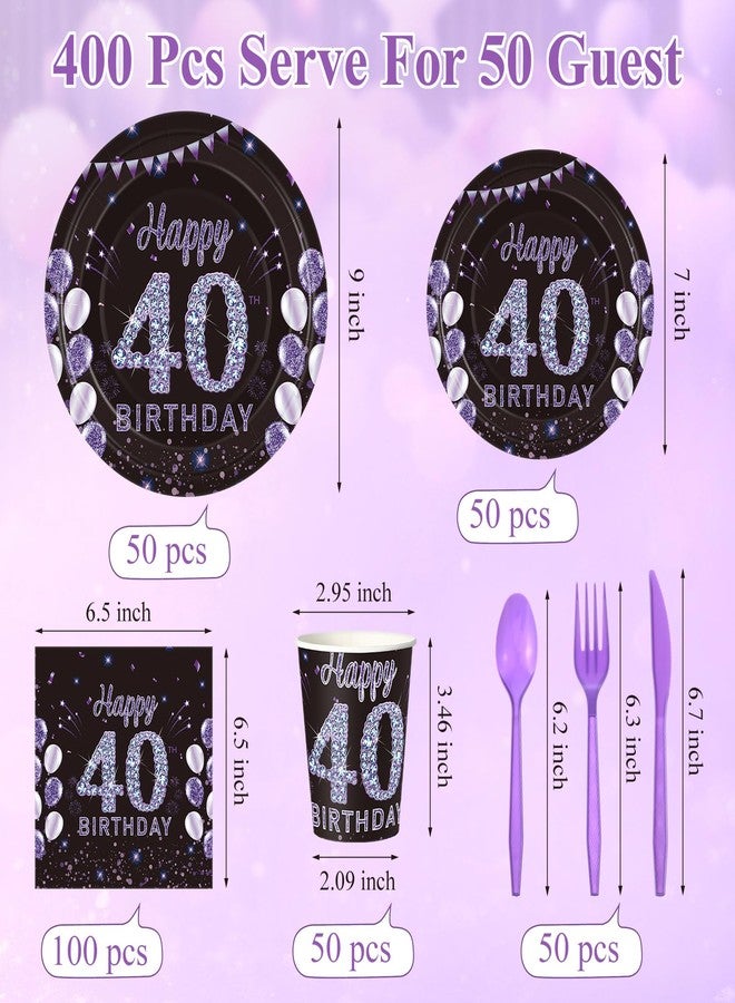Pickmesh 400 Pcs 40th Birthday Party Supplies Purple Black Happy 40th Birthday Decorations Include Disposable Paper Plates Napkins Cups Cutlery for Men Women Party Serve 50 - Image 2