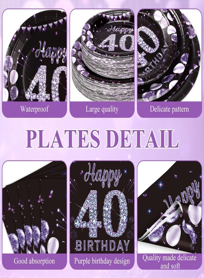 Pickmesh 400 Pcs 40th Birthday Party Supplies Purple Black Happy 40th Birthday Decorations Include Disposable Paper Plates Napkins Cups Cutlery for Men Women Party Serve 50 - Image 3