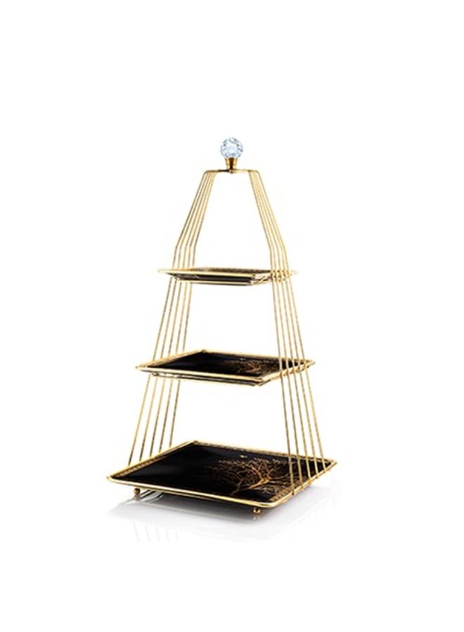 لوتس بورسلين  حامل حلوي معدني مكون من استاند و3 أطباق  شكل  هرم بتصميم جرانيت أسود وذهبي - Image 1