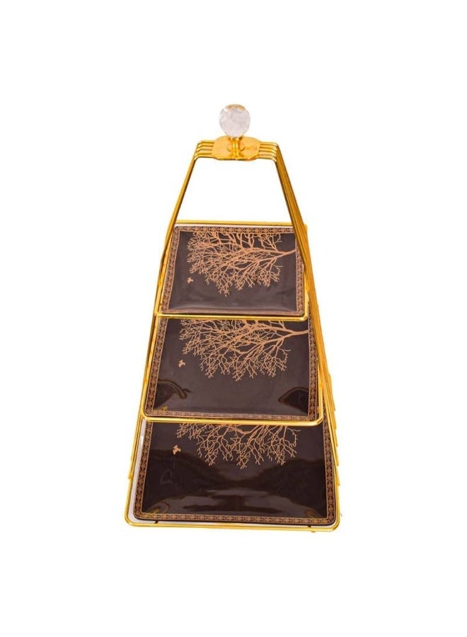 لوتس بورسلين  حامل حلوي معدني مكون من استاند و3 أطباق  شكل  هرم بتصميم جرانيت أسود وذهبي - Image 2