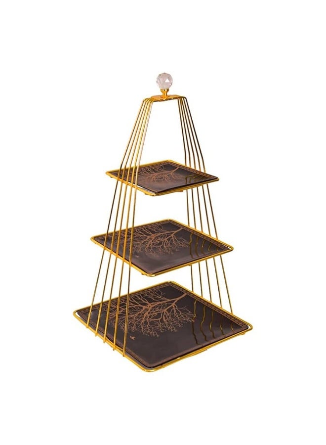 لوتس بورسلين  حامل حلوي معدني مكون من استاند و3 أطباق  شكل  هرم بتصميم جرانيت أسود وذهبي - Image 3