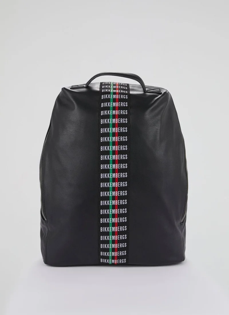 بيكيم برجس حقيبة ظهر جلدية بشريط شعار أسود