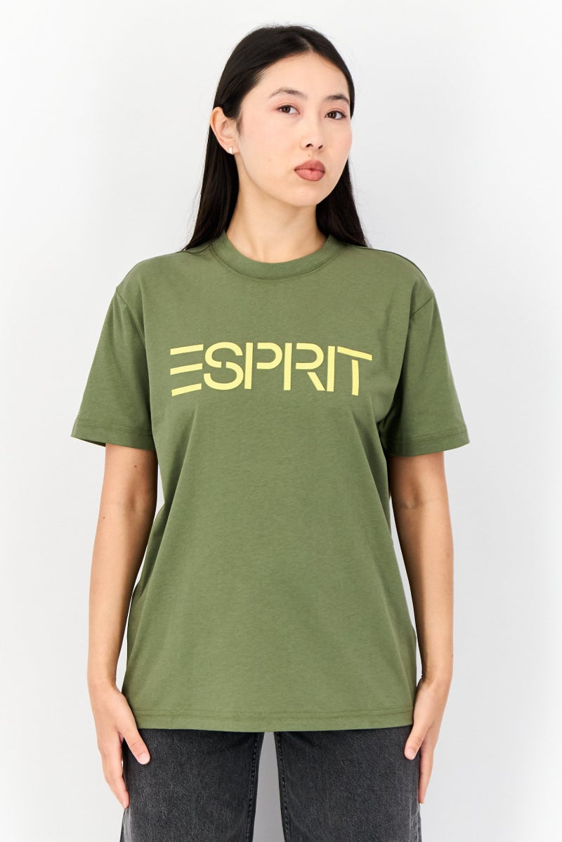 ESPRIT Women Crew Neck Short Sleeve Brand Logo T-Shirt, Olive - Image 1