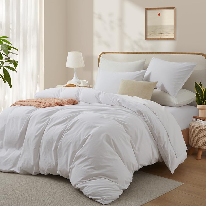 LOVQUE White Duvet Cover Full Size, 100% Washed Cotton Linen Like Bedding Set with Zipper Closure (No Comforter), 80x90 Inches - Image 2