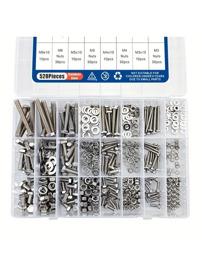 520pcs M3 M4 M5 M6 Stainless Steel Hex Head Bolts Nuts Washers Kit Heavy Duty - Image 1