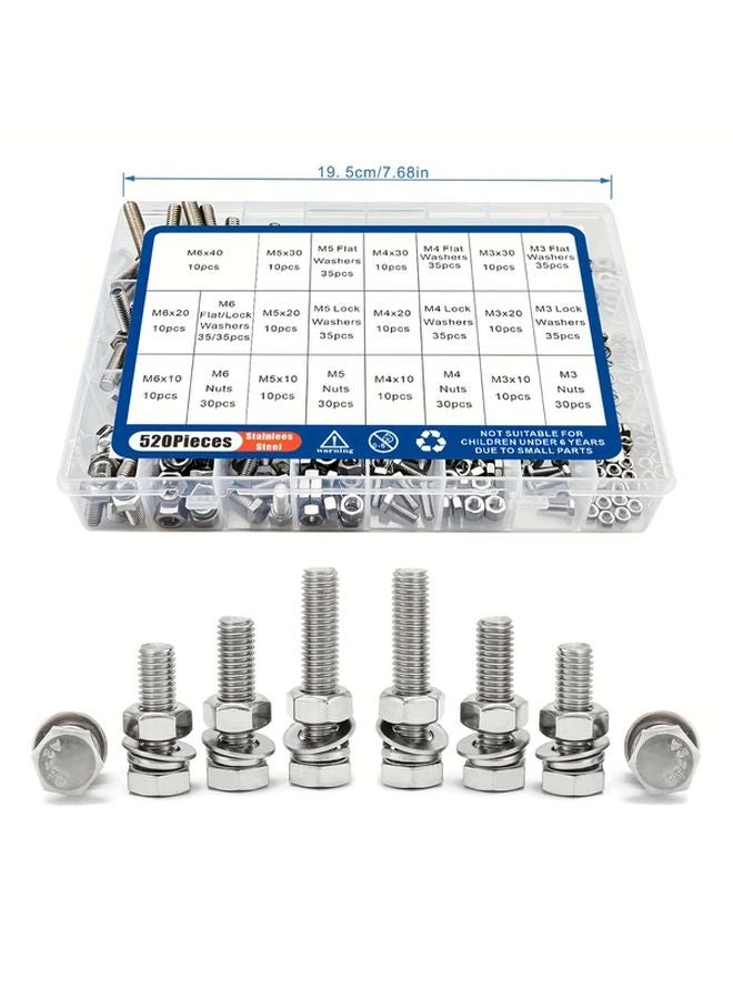 520pcs M3 M4 M5 M6 Stainless Steel Hex Head Bolts Nuts Washers Kit Heavy Duty - Image 4