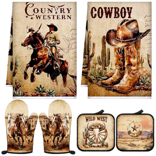 Leinuosen 6 Western Cowboy Kitchen Towels Kitchen Decor and Accessories Set Floral Plant Oven Mitts and Pot Holders Sets Farmhouse Absorbent Dish Towels for Cooking Baking Grilling - Image 1