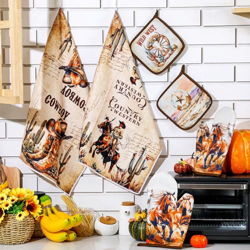 Leinuosen 6 Western Cowboy Kitchen Towels Kitchen Decor and Accessories Set Floral Plant Oven Mitts and Pot Holders Sets Farmhouse Absorbent Dish Towels for Cooking Baking Grilling - Image 3