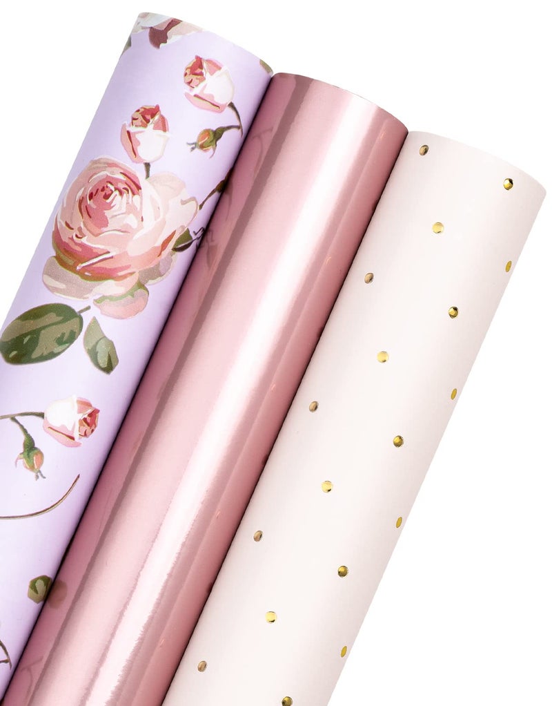 WRAPAHOLIC Pink Wrapping Paper Roll Mini Roll 3 Rolls 17 Inch X 120 Inch Per Roll Pink Floral Rose Gold Design for Wedding Bridal Shower Birthday Baby Shower Spring