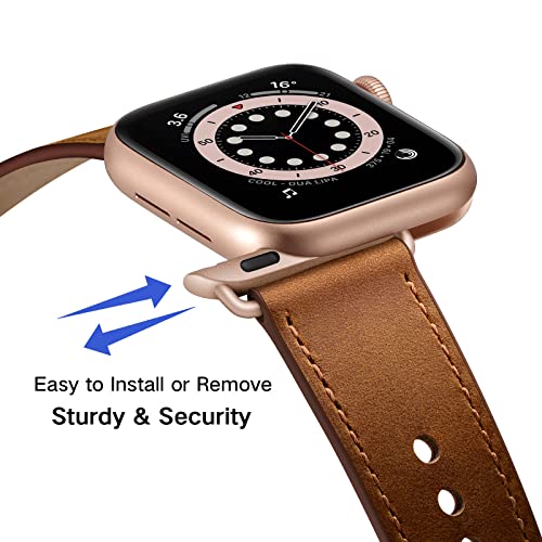 OUHENG Leather Bands Compatible with Apple Watch Band 49mm/46mm/45mm/44mm/42mm, Genuine Leather Strap for iWatch Ultra 3/2/1 & SE 3/2/1 Series 11 10 9 8 7 6 5 4 3 2 1 (Retro Brown/Rose Gold) - Image 2