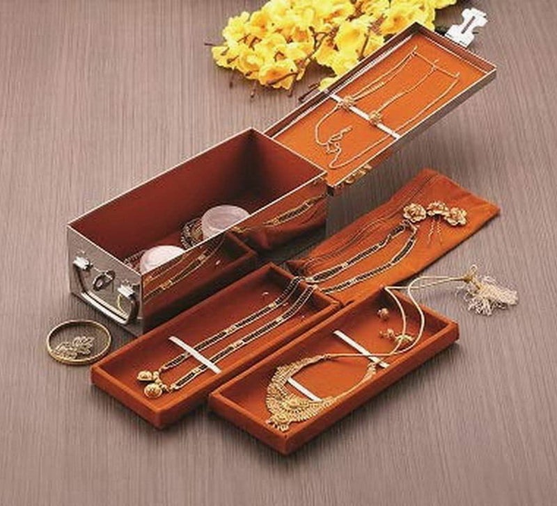 Jayco JAYCO Stainless Steel Velvet Jewellery Storage Organizer Locker Box with Trays and Cushion Lining inside (LARGE (12" L x 5" W x 4" H))  - Image 1