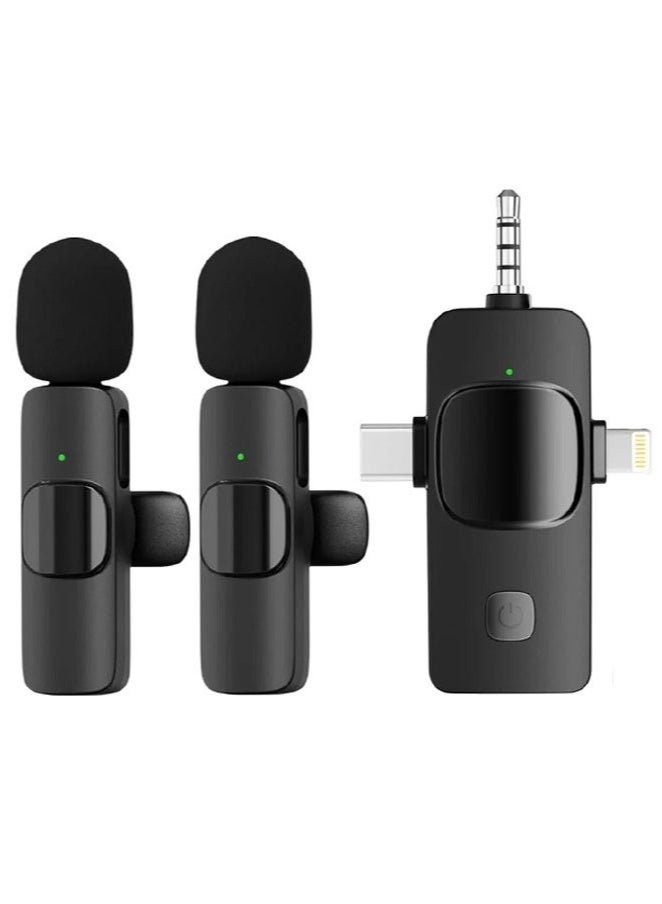 3-in-1 Wireless Lavalier Microphone for iPhone, iPad, iPhone 15 USB-C, Android, Computer, Camera – Dual Mini Clip-On Mics with Plug & Play, Intelligent Noise Reduction, Auto Sync, for Vlog, YouTube, TikTok, Live Streaming
