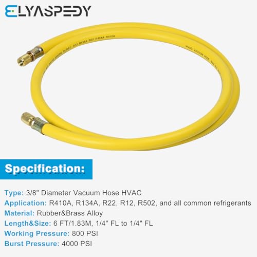 Elyaspedy 2025 Upgrade 3/8" Diameter Hose, 1/4" FL to 1/4" FL Vacuum Certified Refrigerant Hose,6-Feet,for R410A and all Common Refrigerants- 800 PSI Working Pressure,Yellow - Image 5