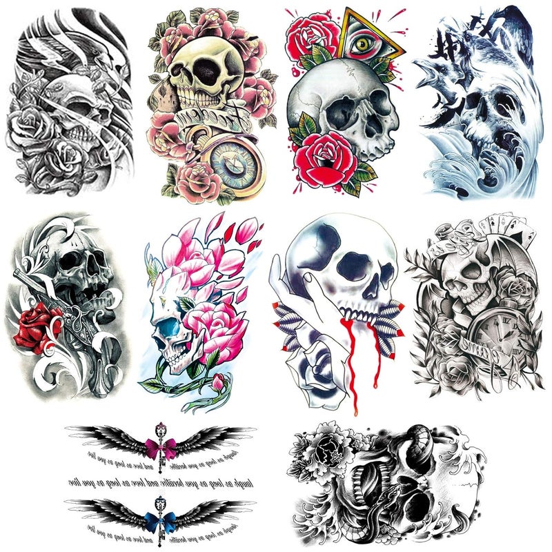 Ooopsiun 10 Sheets Large Arm Temporary Tattoos For Men Adults, Skull Skeleton Fake Arm Tattoo stickers Halloween Day of the Dead
