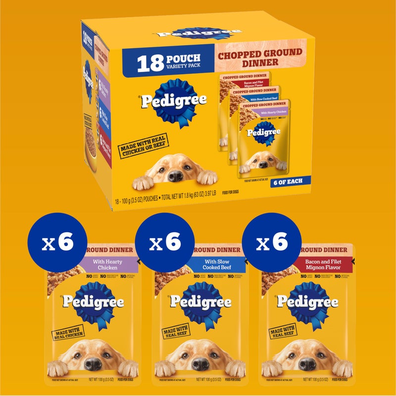 Pedigree Chopped Ground Dinner Adult Soft Wet Dog Food 18-Count Bacon Filet Mignon Variety Pack, 3.5 oz. Pouches - Image 3
