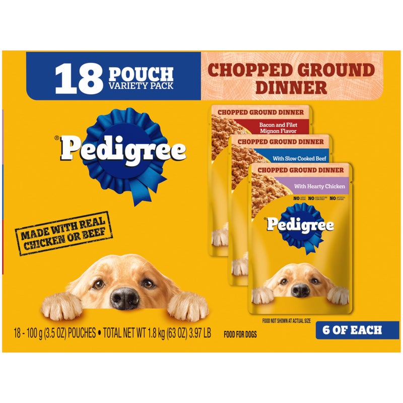 Pedigree Chopped Ground Dinner Adult Soft Wet Dog Food 18-Count Bacon Filet Mignon Variety Pack, 3.5 oz. Pouches - Image 1