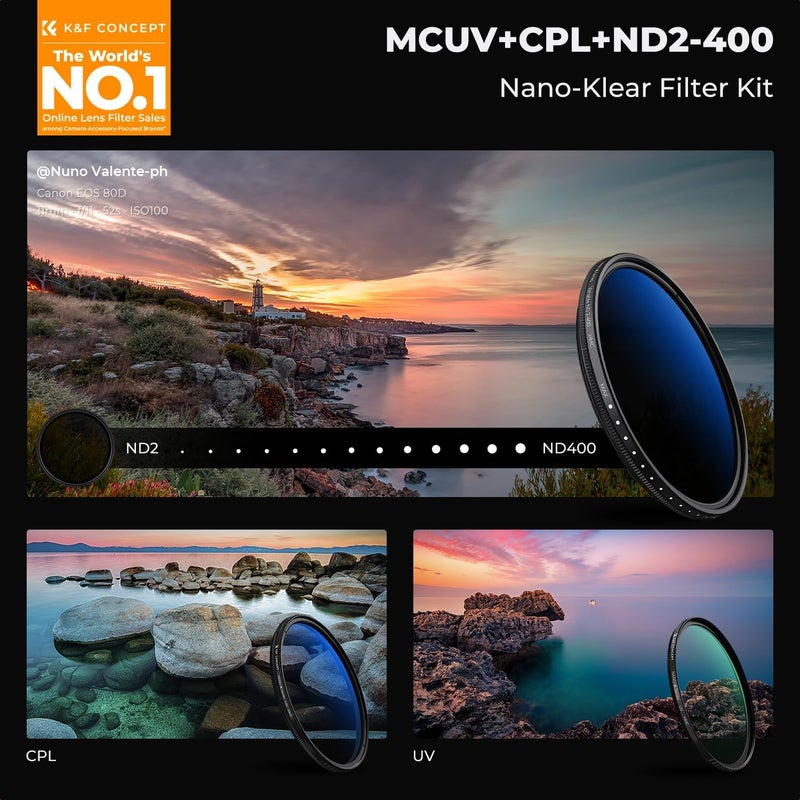Elegant appearance 77mm UV/CPL/ND2-400 Lens Filters Kit (3 PCS)-18 Multi-Layer Coatings, UV + Polarizer + Variable ND Lens Filters Kit (1-9 Stops) + Cleaning Cloth+ Filter Pouch for Camera Lens (K-Series) Budget global standard quality - Image 2