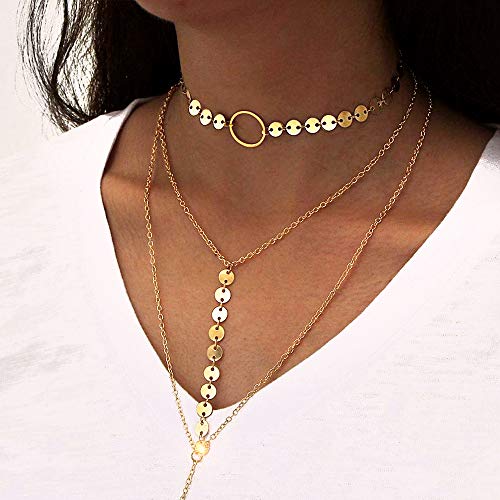 Suyi Stylish Layered Sequins Choker Necklace with Thin Long Chain Pendant for Women Lady A-Gold - Image 3