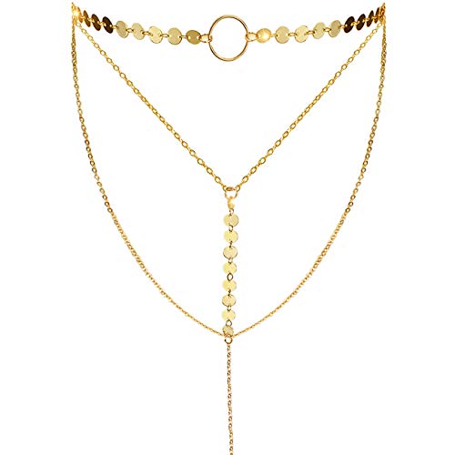 Suyi Stylish Layered Sequins Choker Necklace with Thin Long Chain Pendant for Women Lady A-Gold - Image 1