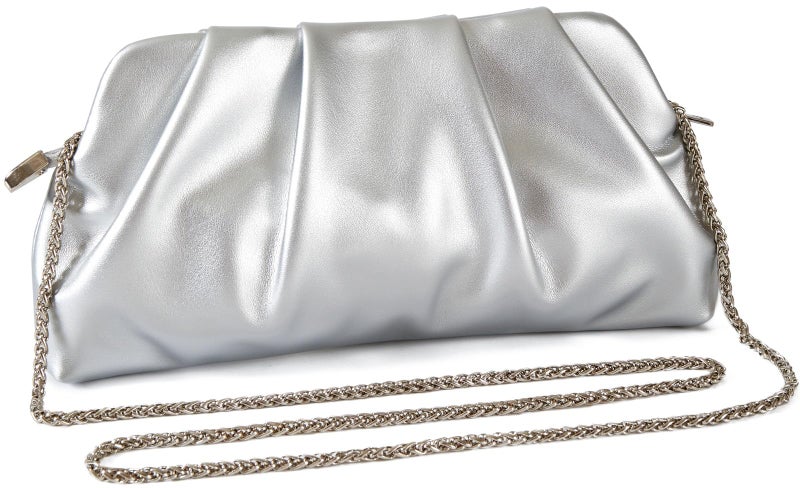 FanChris Evening Bag for Women Ruched Clutch Purse Detachable Metal Chain Crossbody Bag(silver) - Image 1