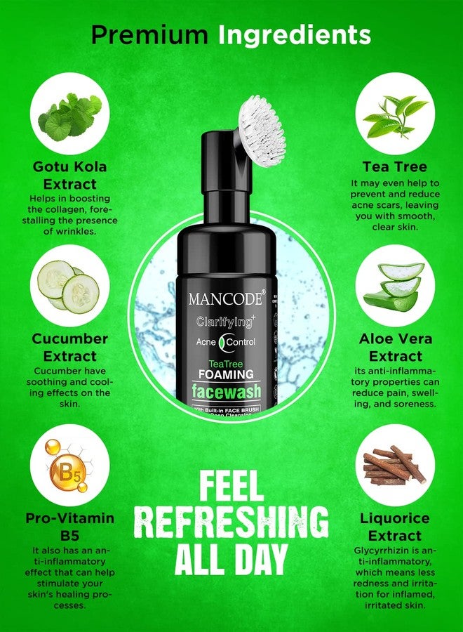 كود الرجل غسول الوجه الرغوي بزيت شجرة الشاي من مان كود للتحكم في حب الشباب مع فرشاة مدمجة، يمنع ظهور البثور، ويفتح المسام ويقلل من حجمها، خالٍ من البارابين والكبريتات والسيليكون، 150 مل، غسول وجه للرجال (عبوة واحدة). - Image 5