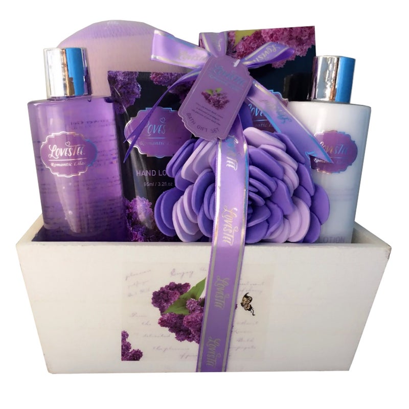 Lovestee Spa Gift Basket with Lavender Fragrance and Lilac Color - Bath and Body Set Includes Shower Gel, Body Lotion, Hand Lotion, Bath Salt, Flower Sponge and EVA Sponge - Image 1