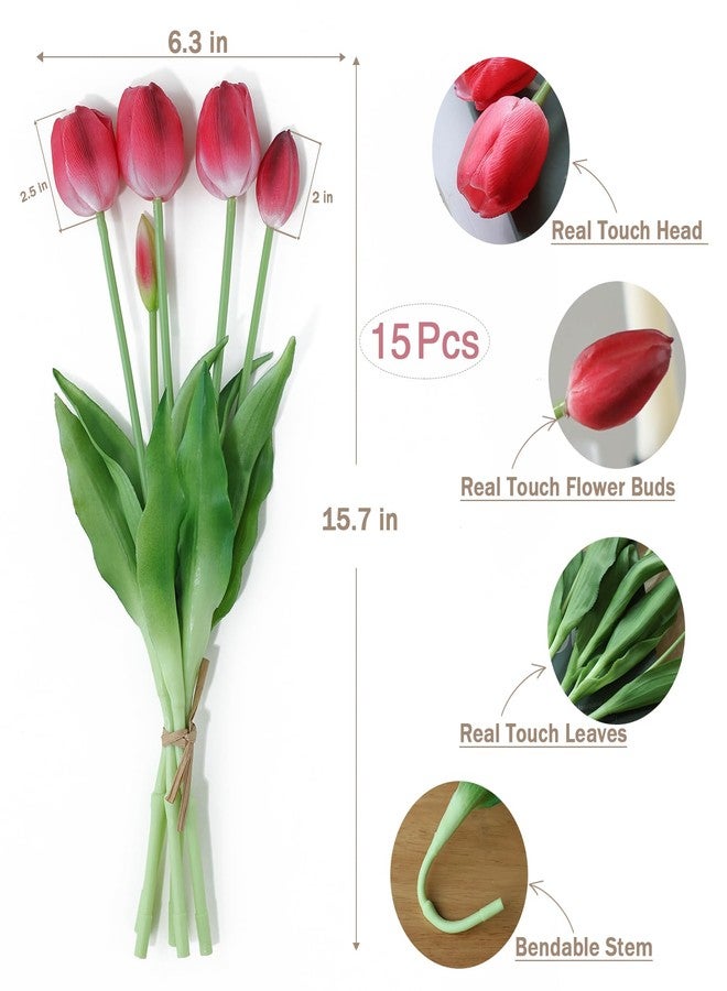 mizii 15Pcs Red Tulips Artificial Flowers Latex Plastic Real Touch Fake Tulips Flowers Look Real Faux Tulip Flower Bouquet Decoration for Vase Room Table Centerpieces Home Decor (Red) - Image 2