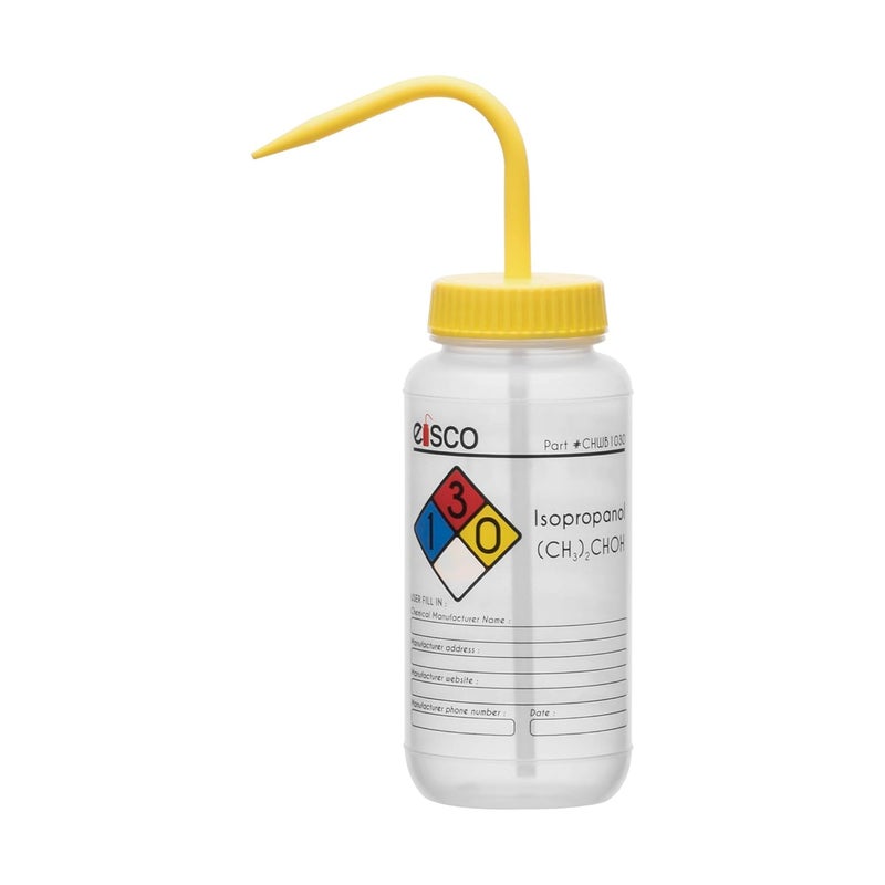 EISCO Wash Bottle for Isopropanol, 500ml - Labeled with Color Coded Chemical & Safety Information (4 Colors) - Wide Mouth, Self Venting, Low Density Polyethylene Labs - Image 1