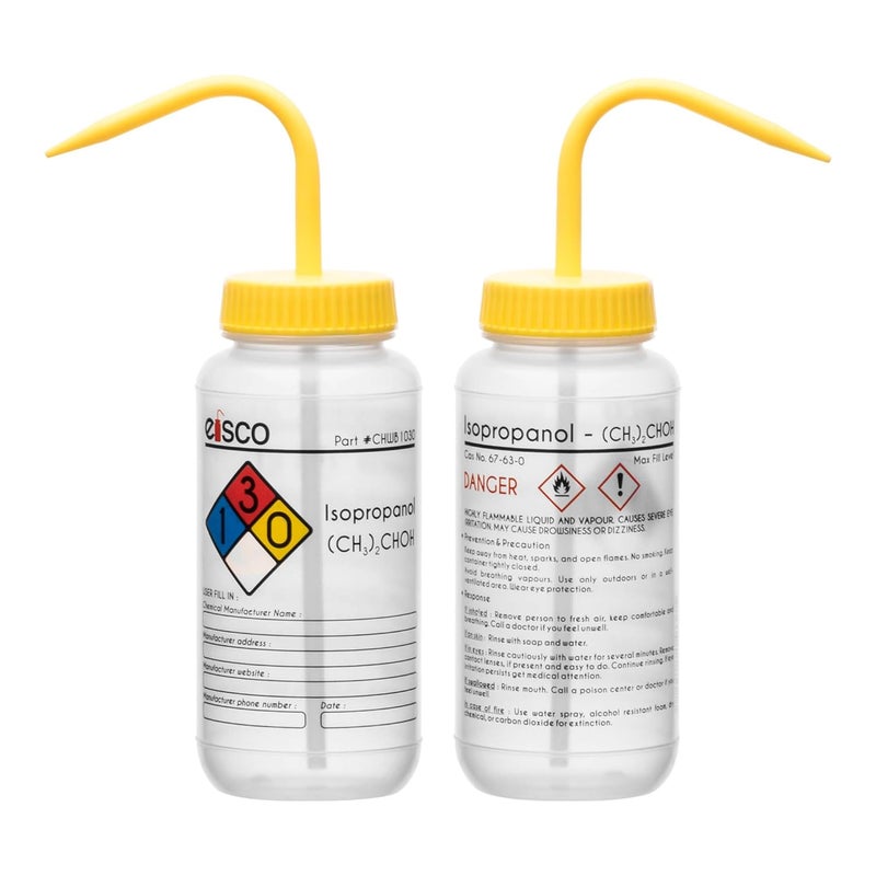 EISCO Wash Bottle for Isopropanol, 500ml - Labeled with Color Coded Chemical & Safety Information (4 Colors) - Wide Mouth, Self Venting, Low Density Polyethylene Labs - Image 3