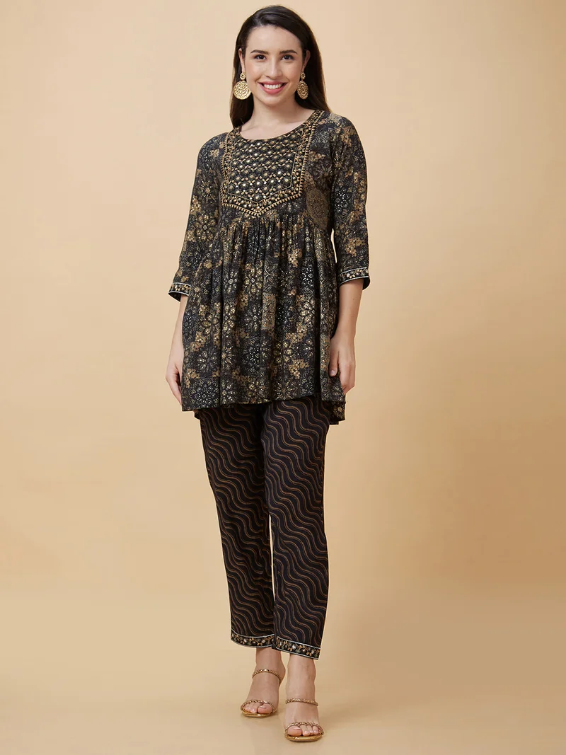 globus Women Black Ethnic Motifs Printed Regular Thread Work A-Line Kurta With Trousers