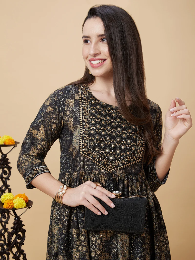 globus Women Black Ethnic Motifs Printed Regular Thread Work A-Line Kurta With Trousers