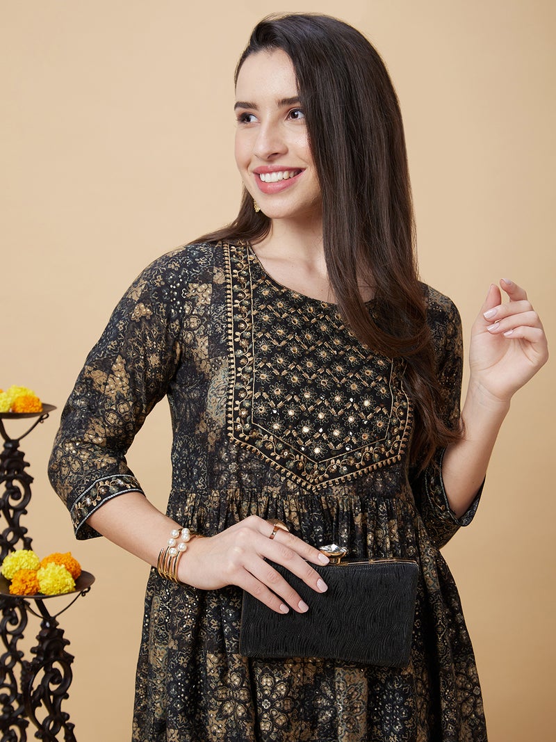 globus Globus Women Black Ethnic Motifs Printed Regular Thread Work A-Line Kurta With Trousers - Image 1