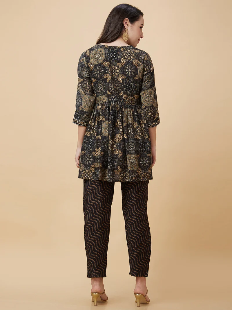 globus Women Black Ethnic Motifs Printed Regular Thread Work A-Line Kurta With Trousers
