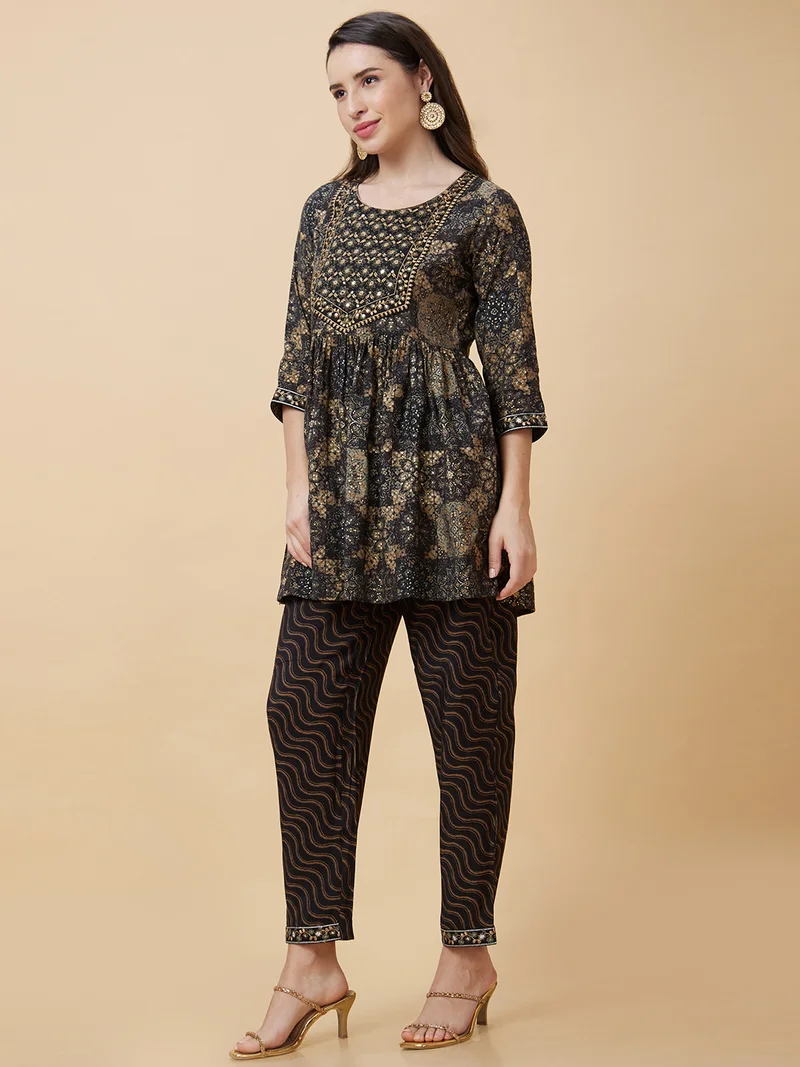 globus Women Black Ethnic Motifs Printed Regular Thread Work A-Line Kurta With Trousers