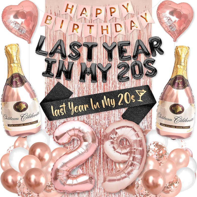 PartyForever زينة حفلة عيد الميلاد 29 للنساء مجموعة مستلزمات باللون الوردي الذهبي مع لافتة العام الماضي في العشرينات ووشاح يتضمن 29 بالون رقم عيد الميلاد لها - Image 2