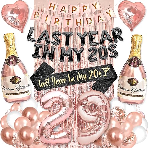 PartyForever زينة حفلة عيد الميلاد 29 للنساء مجموعة مستلزمات باللون الوردي الذهبي مع لافتة العام الماضي في العشرينات ووشاح يتضمن 29 بالون رقم عيد الميلاد لها - Image 1
