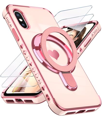 Liufcx for iPhone XXS Love Heart Kickstand Case with 2X Screen Protector Luxury Plated Gold Edge Slim Soft TPU Shockproof Protection Case Cover for iPhone XXS 58 Pink - Image 1