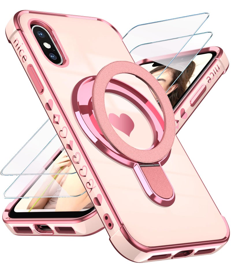 Liufcx for iPhone XXS Love Heart Kickstand Case with 2X Screen Protector Luxury Plated Gold Edge Slim Soft TPU Shockproof Protection Case Cover for iPhone XXS 58 Pink - Image 3