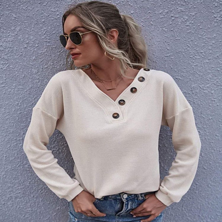 2021 eBay European and American Women's Dress Waffle Solid Color Spring and Autumn Lantern Sleeve V-Neck Button Loose Casual T-Shirt black S - Image 3