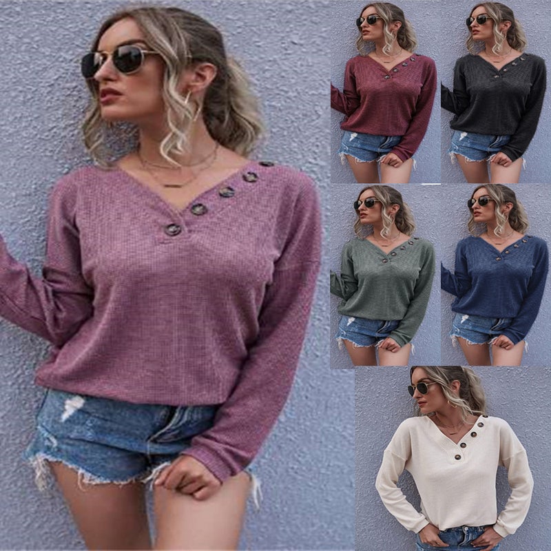 2021 eBay European and American Women's Dress Waffle Solid Color Spring and Autumn Lantern Sleeve V-Neck Button Loose Casual T-Shirt black S - Image 2
