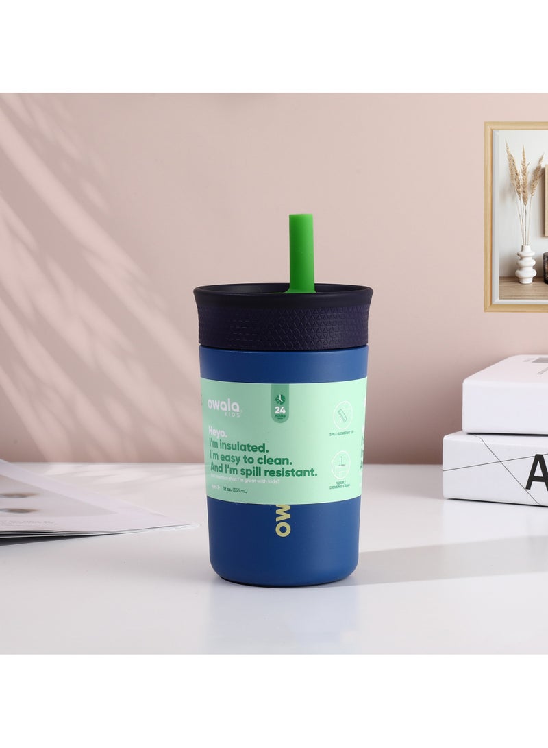 Owala Kids Insulated Stainless Steel Tumbler 12oz with Straw, Leakproof Silicone Sleeve Cup Portable Sport Water Bottle for Children (Navy and Blue) - Image 1