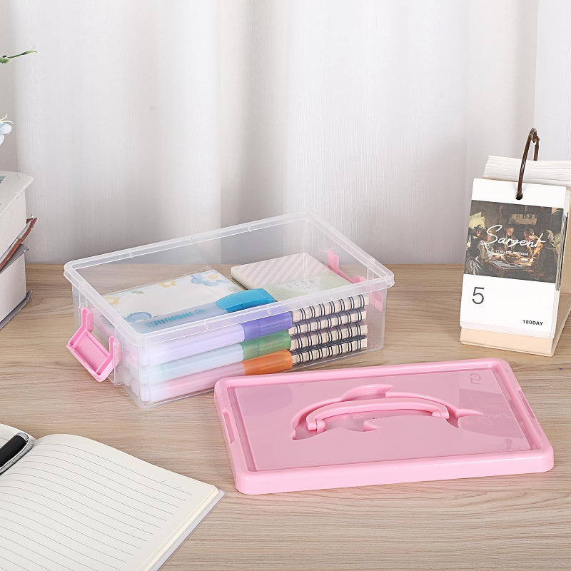BTSKY 1-Pack Clear Plastic Storage Box with Lid, Stackable Organizer Featuring Easy-Lift Dolphin Design, Multi-Use Portable Container for Home, Craft, Office, Space-Saving with Secure-Clasp, Pink - Image 2